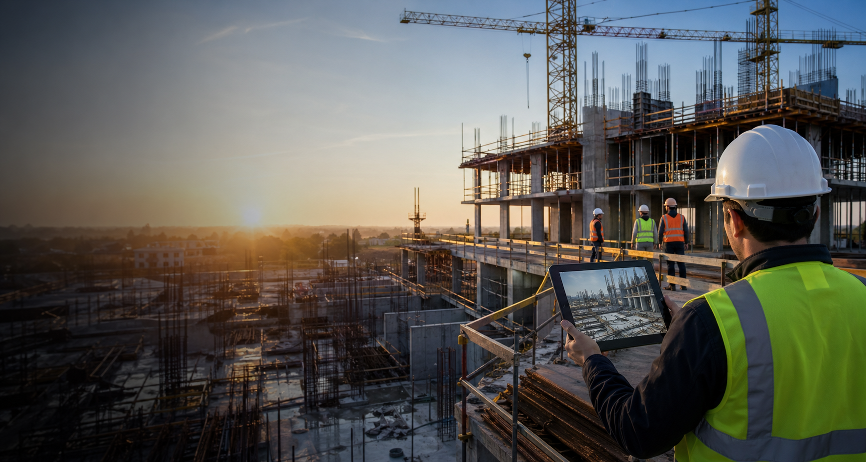 Construction site with workers and progress tracking equipment